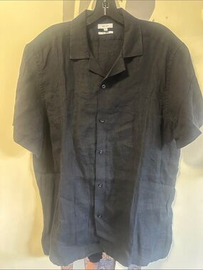Reiss Black Linen Camp-Collar Shirt - XL